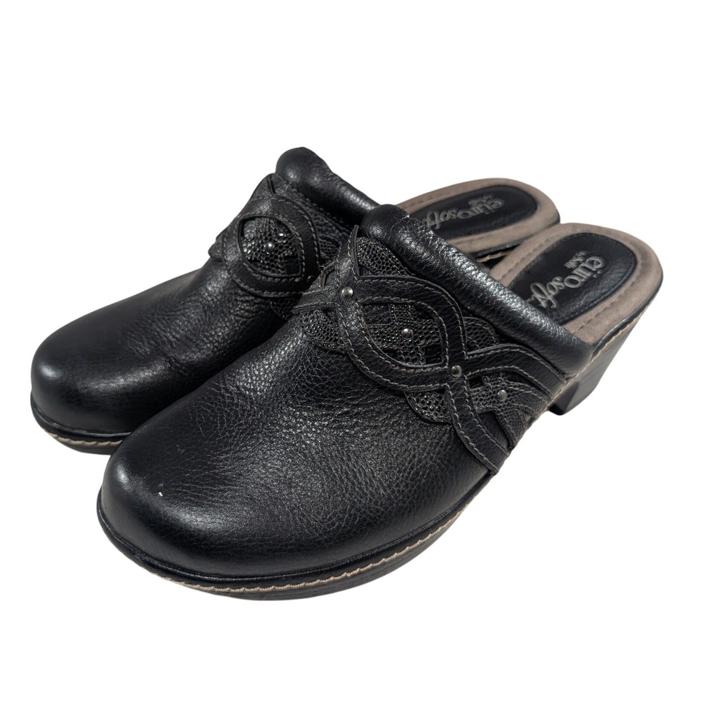 EuroSoft by Sofft Britta Black Leather Clogs Mules Studded Woven 9M 3025301